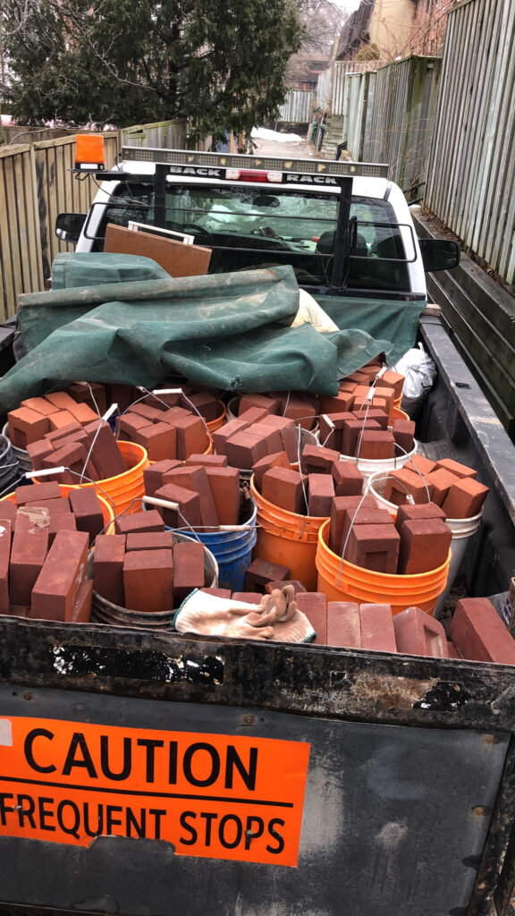 Buckets of brick in the truck